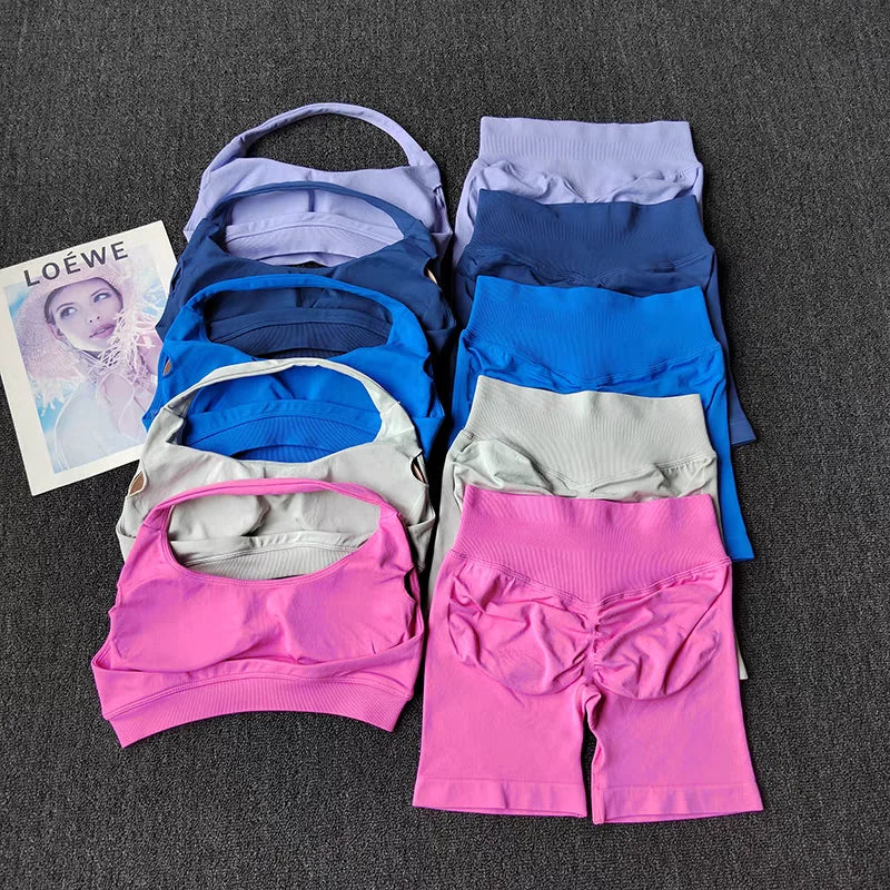 Women's 2 Piece Seamless Halter Sports Bra and Shorts Set