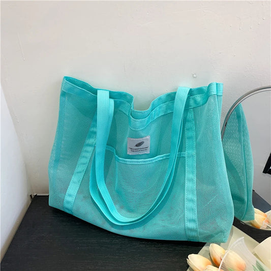 Women’s Transparent Mesh Shoulder Tote Bag for Shopping & Beach