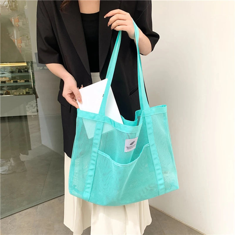 Women’s Transparent Mesh Shoulder Tote Bag for Shopping & Beach