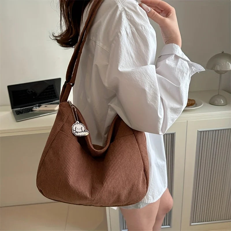 Women’s Corduroy Striped Tote Bag with Zipper Large Capacity Handbag