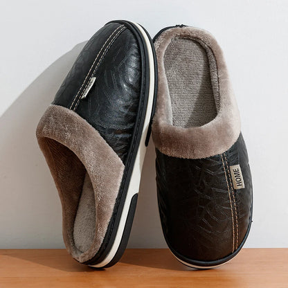 Men’s PU Leather Fur Lined Winter House Slippers Big Size
