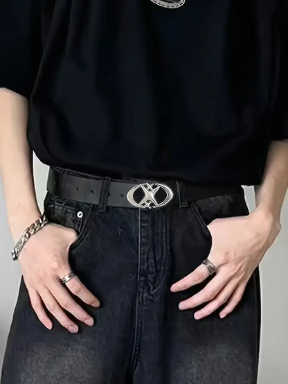 Unisex Oval Cross Buckle Metal Belt
