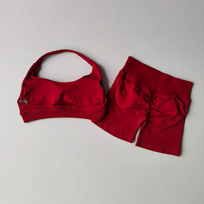 Women's Halter Sports Bra and High Waist Yoga Shorts Set