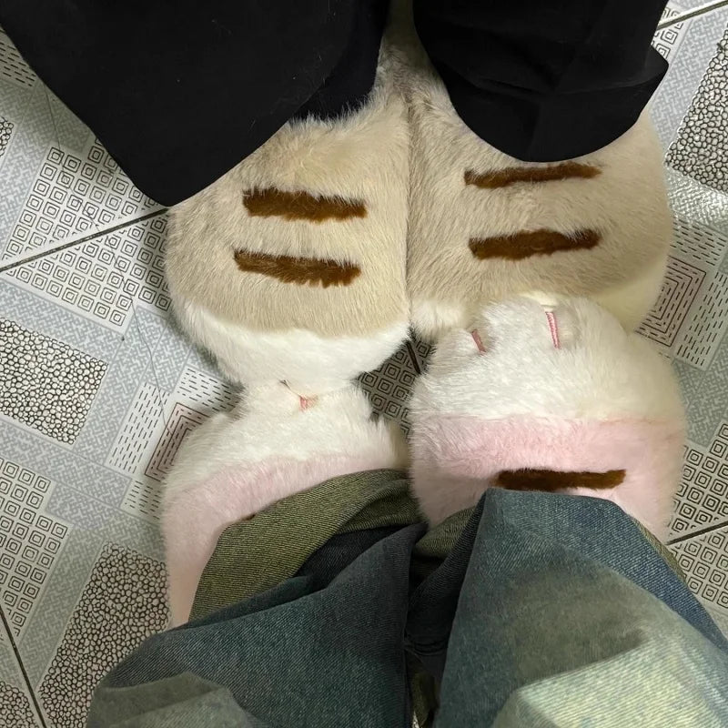 Cute Kitty Claw Furry Slippers for Women Warm Non Slip Home Shoes