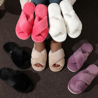Women’s Fluffy Cross Band Plush Open Toe Slippers Warm Non Slip Shoes