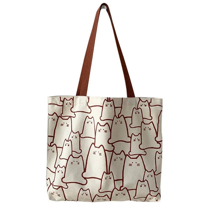 Cute Cat Graphic Canvas Tote Bag for Women & Girls