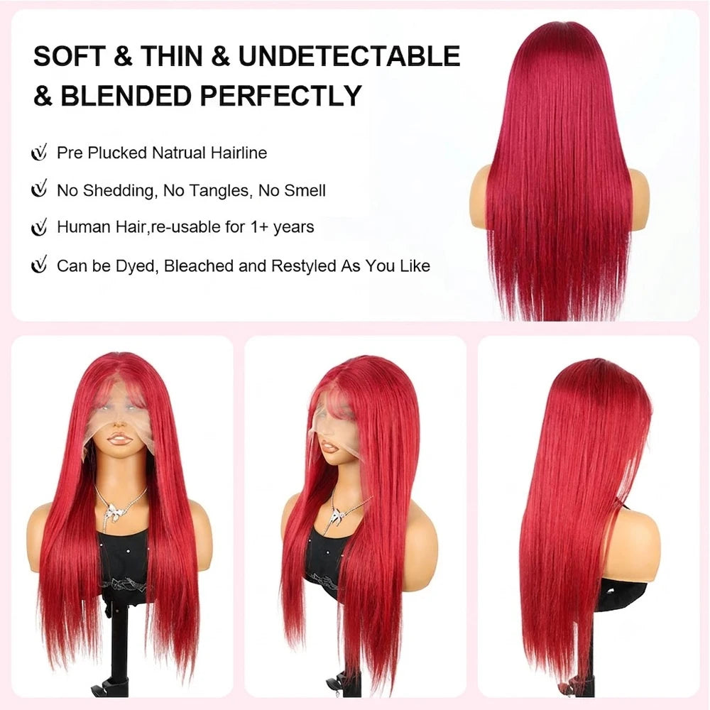 Women's 32 to 36 Inch 99J Burgundy Straight HD Lace Front Human Hair Wig