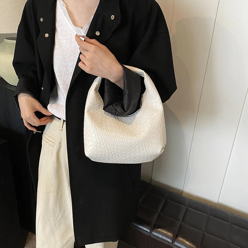 Women’s Woven Embossed PU Leather Hobo Shoulder Bag with Top Handle