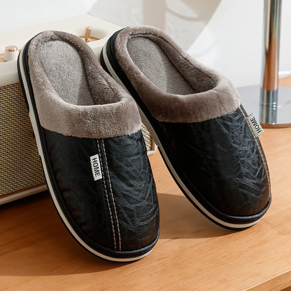 Men’s PU Leather Fur Lined Winter House Slippers Big Size