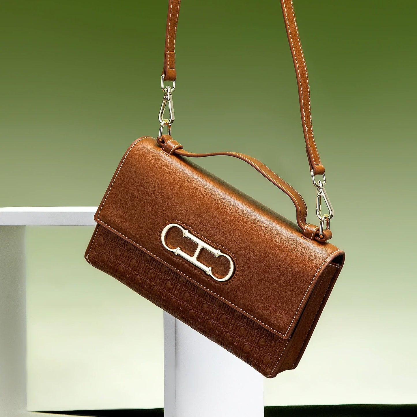 Leather Structured Handbag with Monogram Clasp for Women