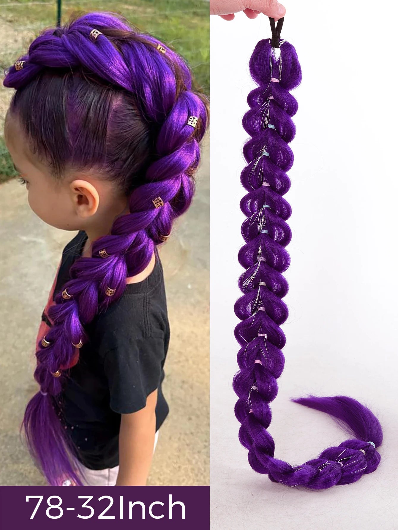 32 Inch Purple Braided Ponytail Hair Extension with Tinsel
