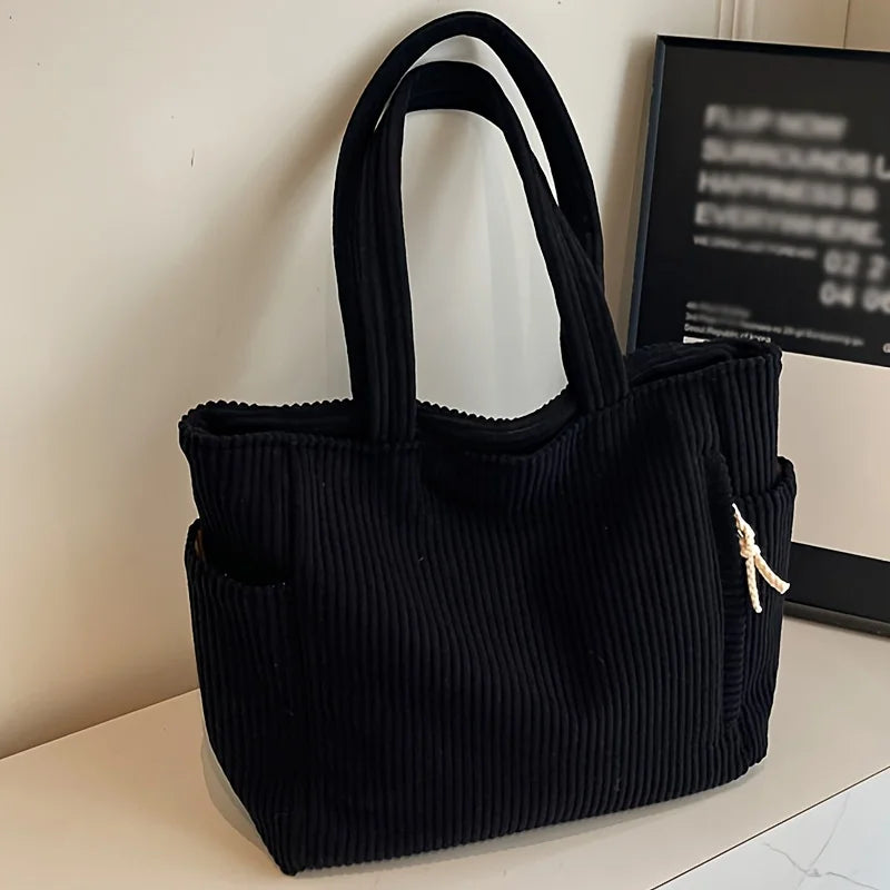 Large Corduroy Shoulder Tote Bag with Zipper for Women