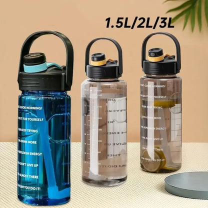 1.5L to 3L Large Capacity Sports Water Bottle with Straw and Time Marker