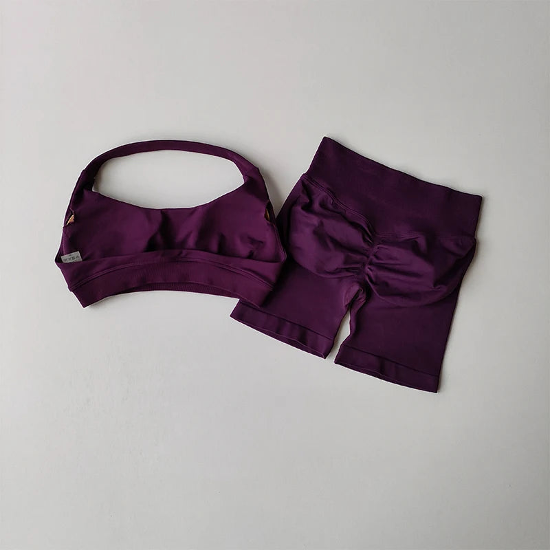 Women's Halter Sports Bra and High Waist Yoga Shorts Set