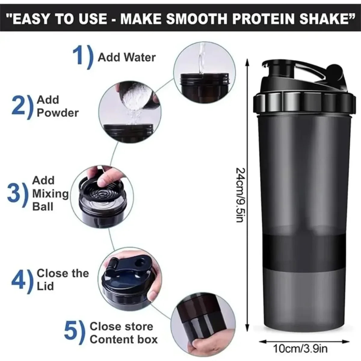 16 Oz Leak Proof Protein Shaker Bottle with Storage Cups