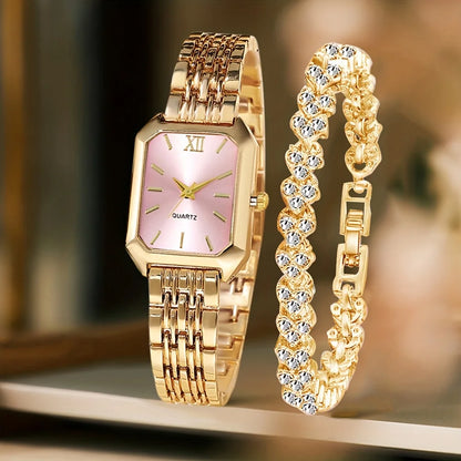 2PCS Women’s Rectangle Quartz Watch & Rhinestone Bracelet Set