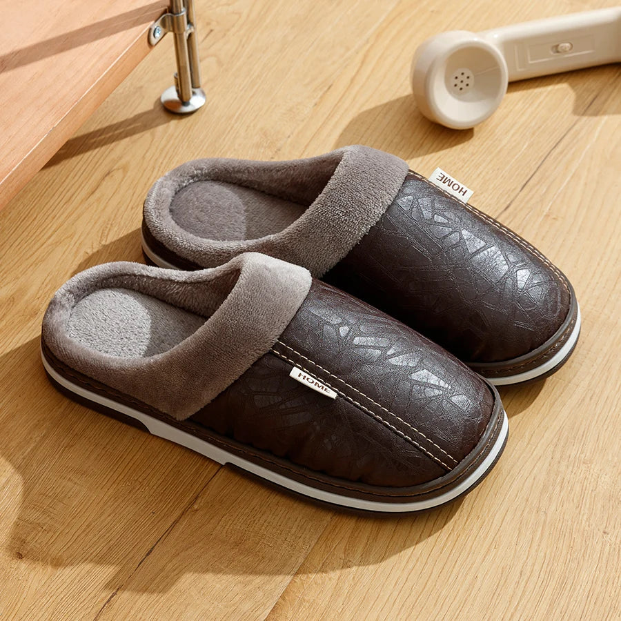 Men’s PU Leather Fur Lined Winter House Slippers Big Size