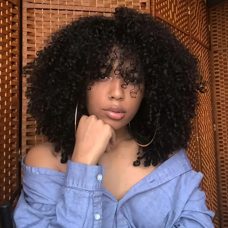16 Inch Afro Kinky Curly Wig with Bangs for Women