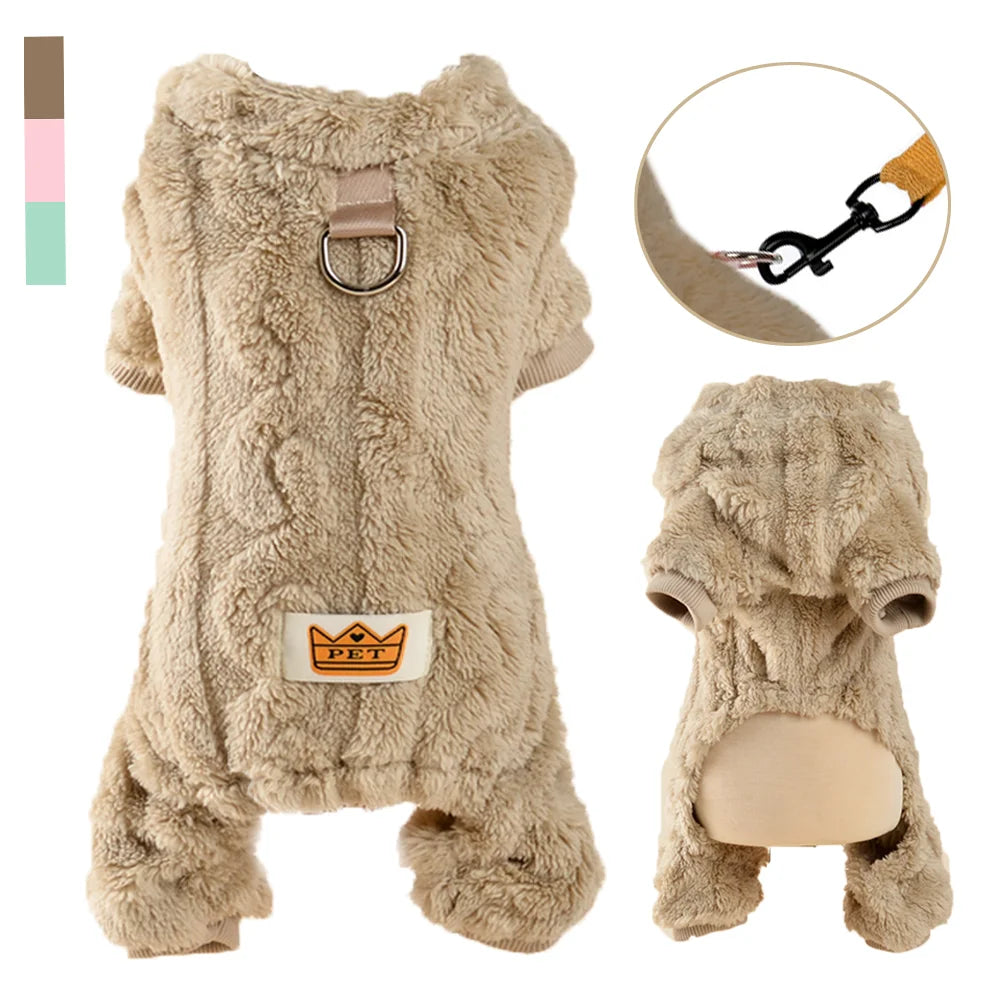 Soft Fleece Dog Jumpsuit with D-Ring for Small & Medium Dogs Winter Coat