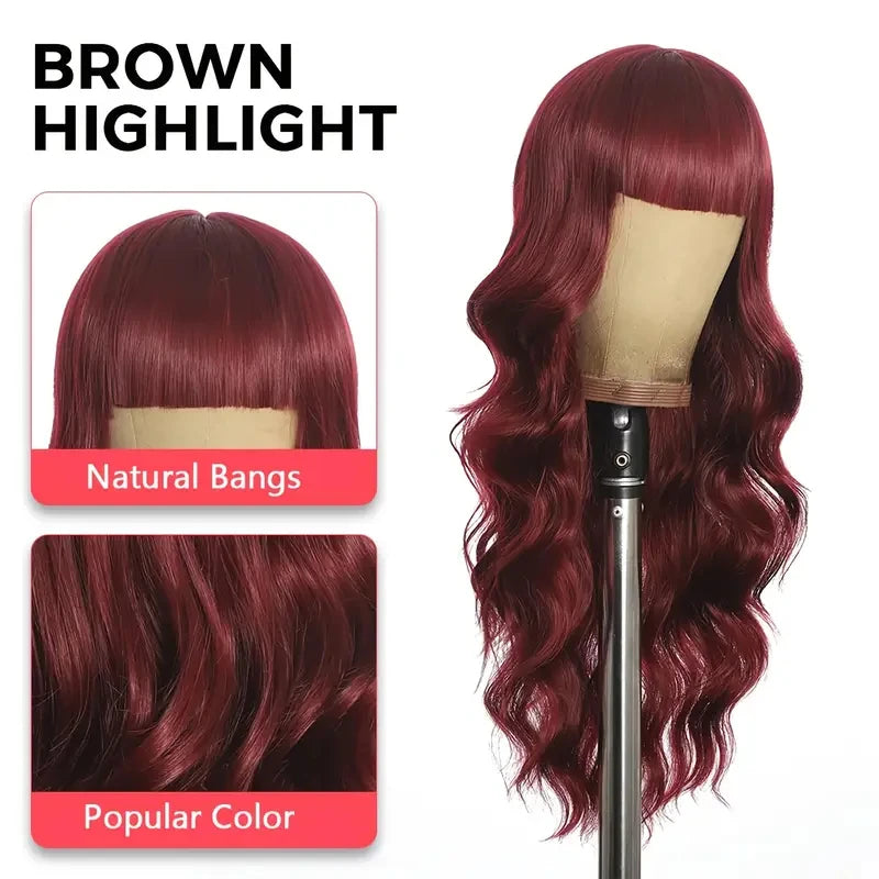 Women's Wine Red Long Curly Synthetic Wig with Bangs