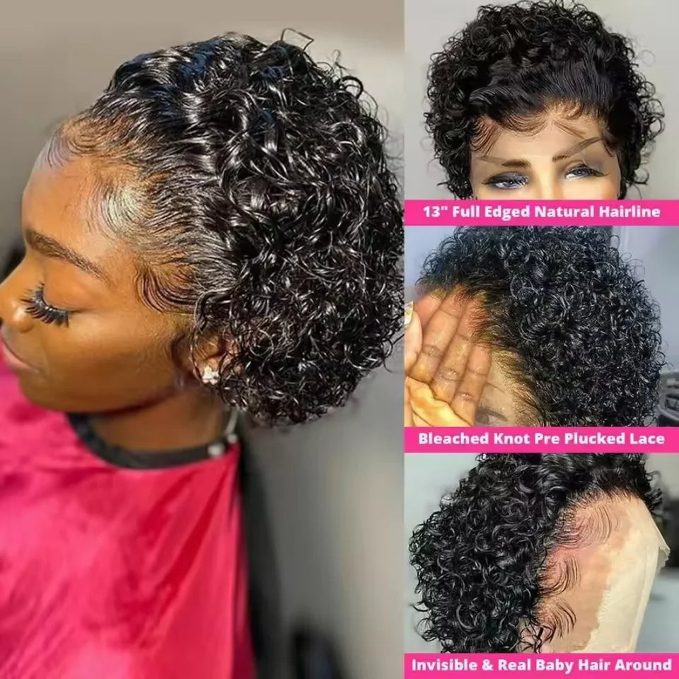 Women's Short Curly Pixie Cut Human Hair Lace Front Wig