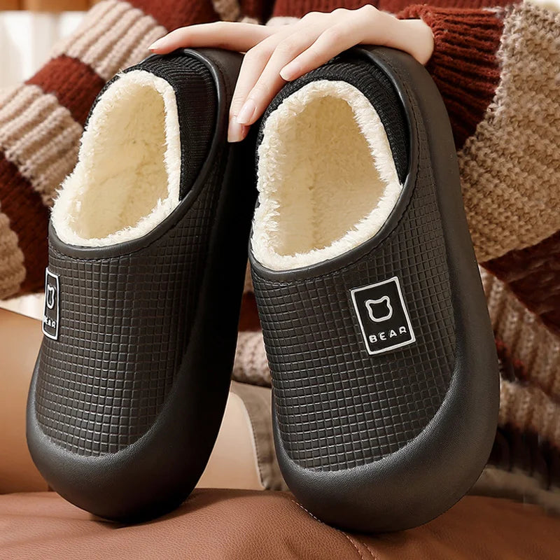 Cute Bear Plush Winter Slippers for Men & Women Waterproof Non Slip Shoes