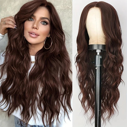 Women's Wine Red Long Curly Synthetic Wig with Bangs
