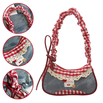 Women’s Grid Lace Ribbon Shoulder Bag Stretchable Strap Handbag