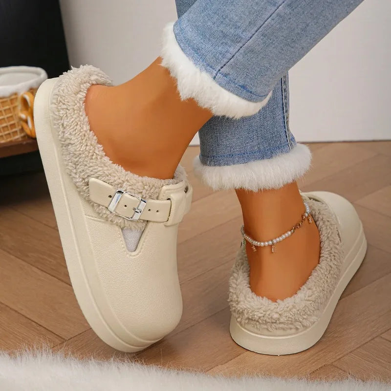 Women's Waterproof EVA Furry Mule Slippers with Buckle
