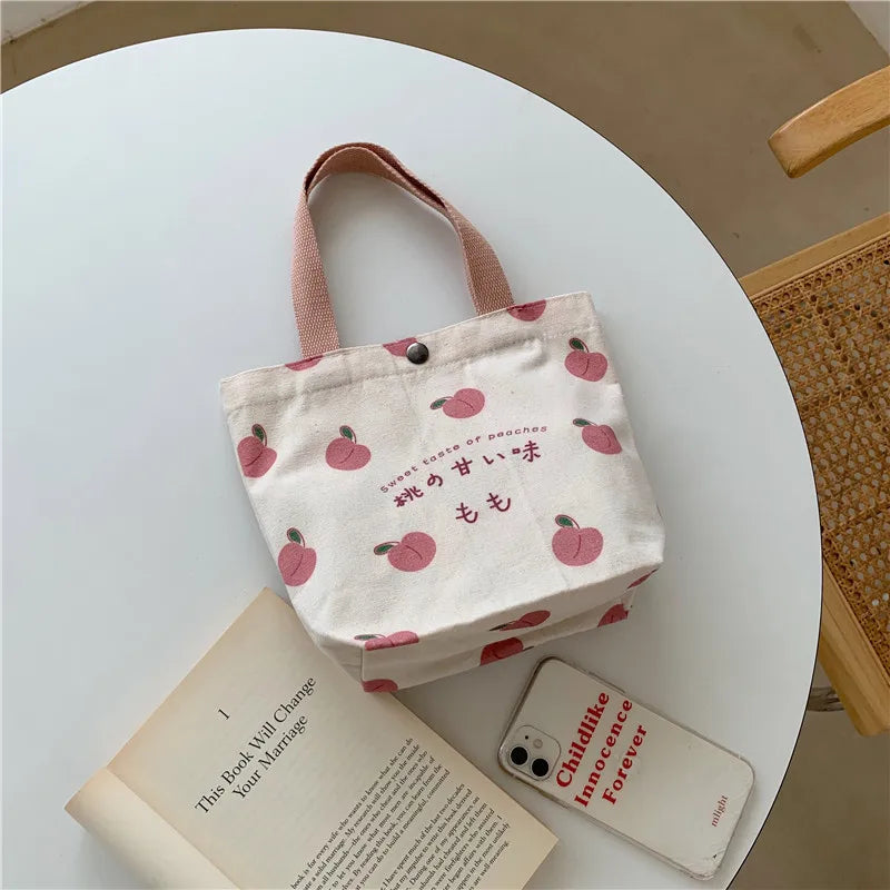Small Canvas Peach Lunch Tote Bag for Women & Girls