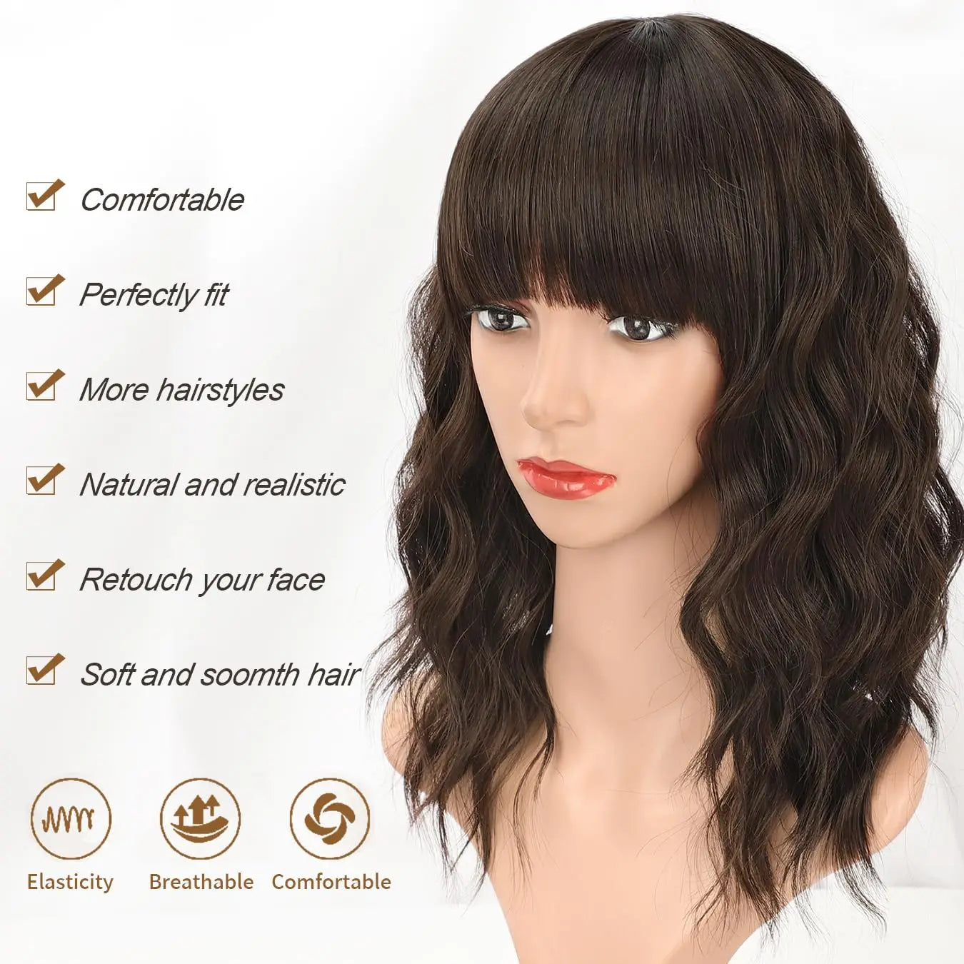 Natural Brown Curly Bob Wig with Bangs