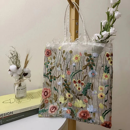 Embroidered Lace Flower Mesh Tote Bag for Women
