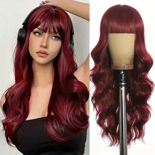 Women's Wine Red Long Curly Synthetic Wig with Bangs