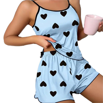 Women’s Pink Heart Print Pajama Set T Shirt & Shorts