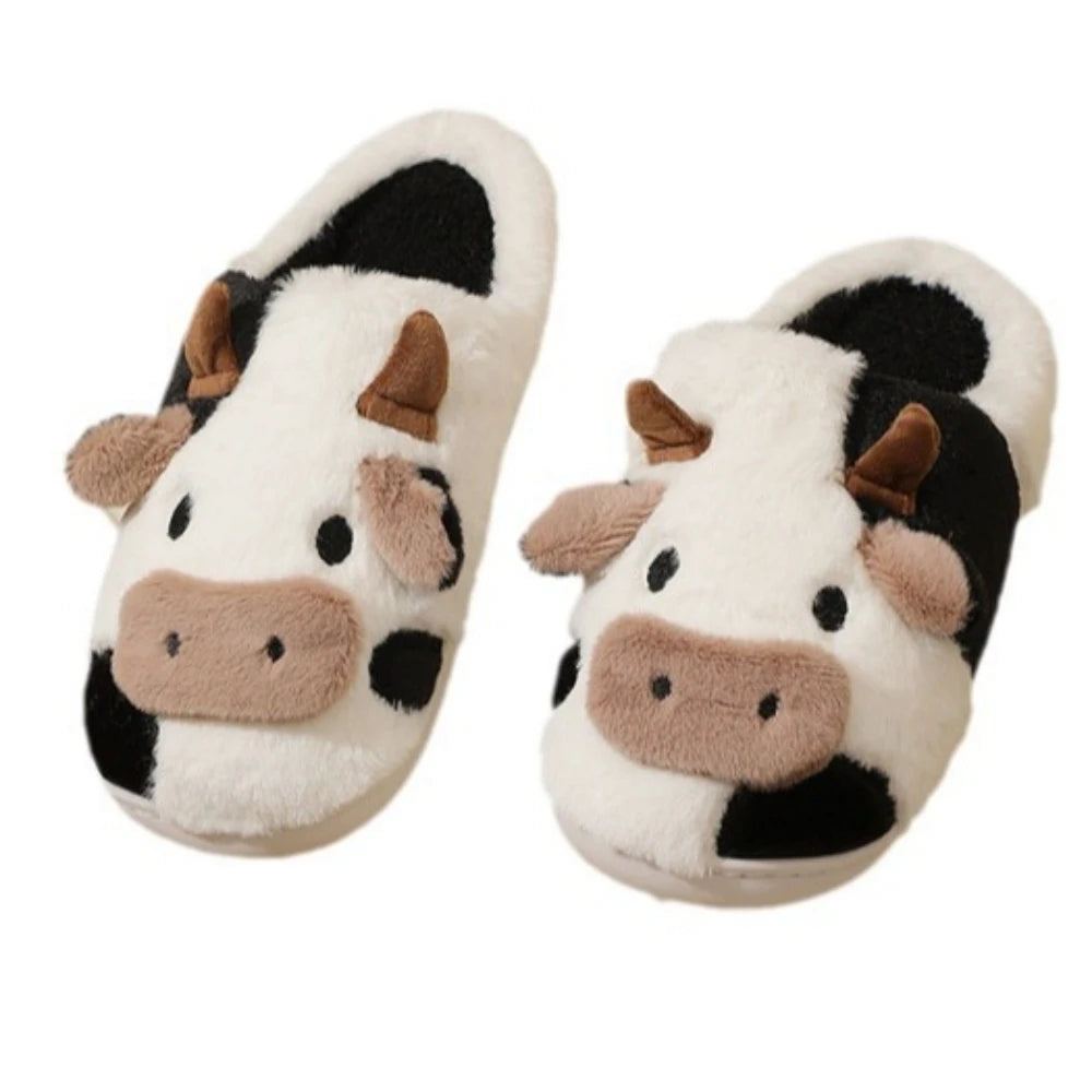 Warm Cartoon Cow Plush Slippers for Men & Women Winter Home Shoes