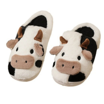 Warm Cartoon Cow Plush Slippers for Men & Women Winter Home Shoes