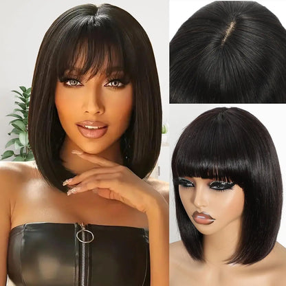 Women's 8 to 14 Inch Straight Bob Human Hair Wig with Bangs