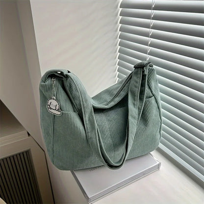 Women’s Corduroy Striped Tote Bag with Zipper Large Capacity Handbag