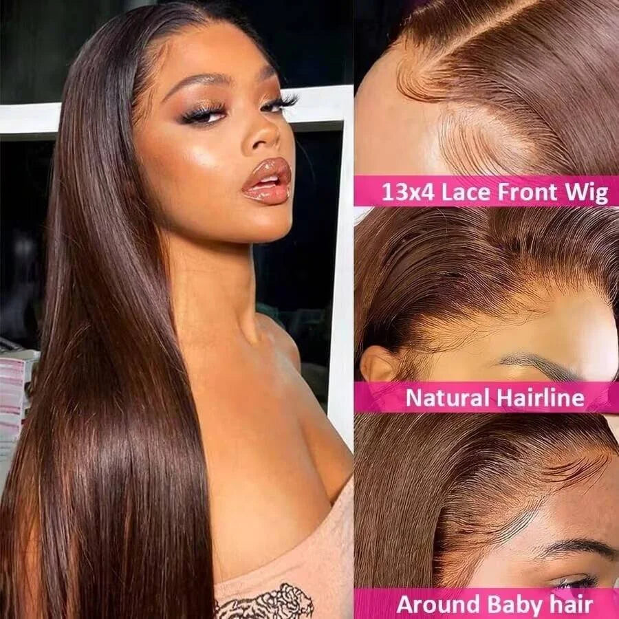 34 Inch Chocolate Brown Bone Straight 13x4 HD Lace Human Hair Wig 250% Density