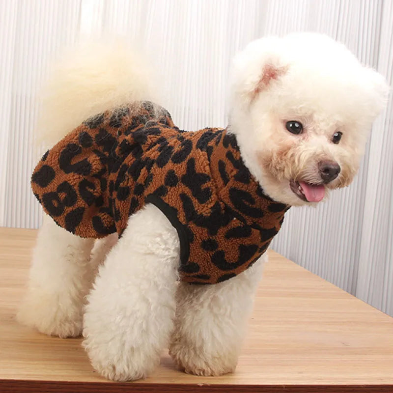 Leopard Fleece Dog Dress Hoodie for Small Dogs Winter Pet Clothing