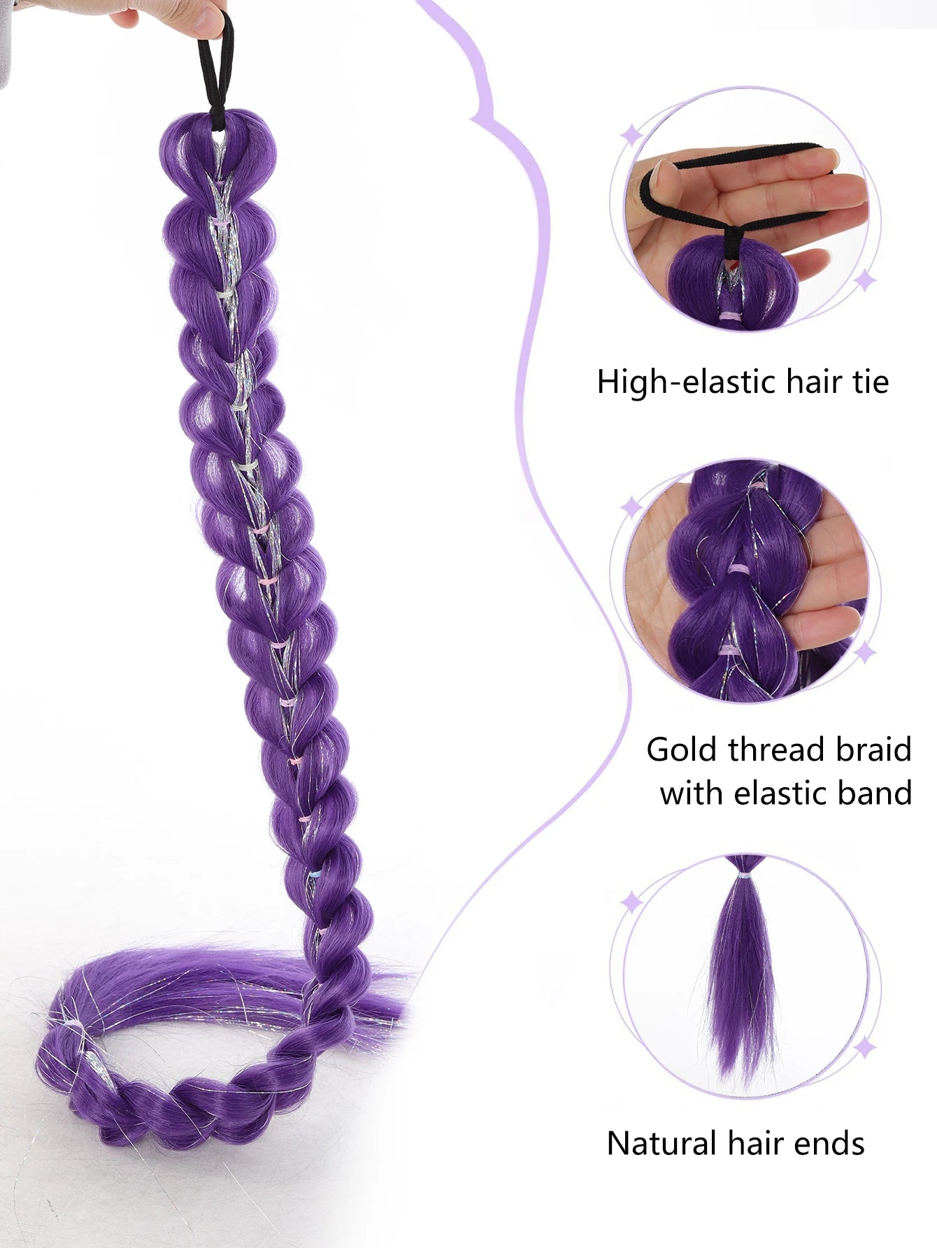 32 Inch Purple Braided Ponytail Hair Extension with Tinsel
