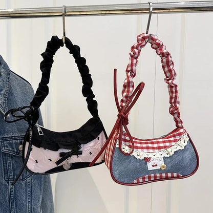 Women’s Grid Lace Ribbon Shoulder Bag Stretchable Strap Handbag