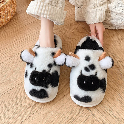 Cute Cartoon Cow Plush Platform Slippers for Women Winter Home Shoes