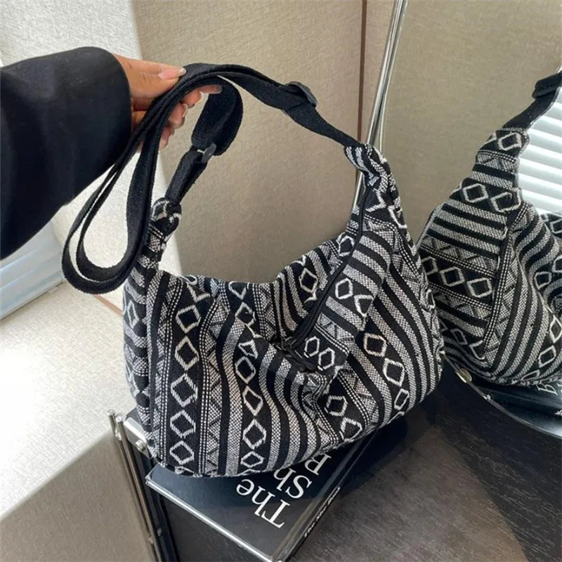 Tribal Striped Foldable Crossbody Bag with Zipper for Women