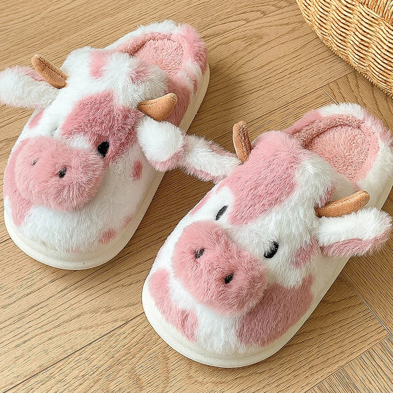 Cute Cartoon Cow Plush Platform Slippers for Women Winter Home Shoes