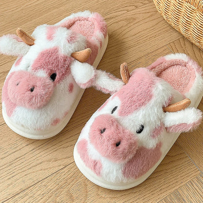 Cute Cartoon Cow Plush Platform Slippers for Women Winter Home Shoes