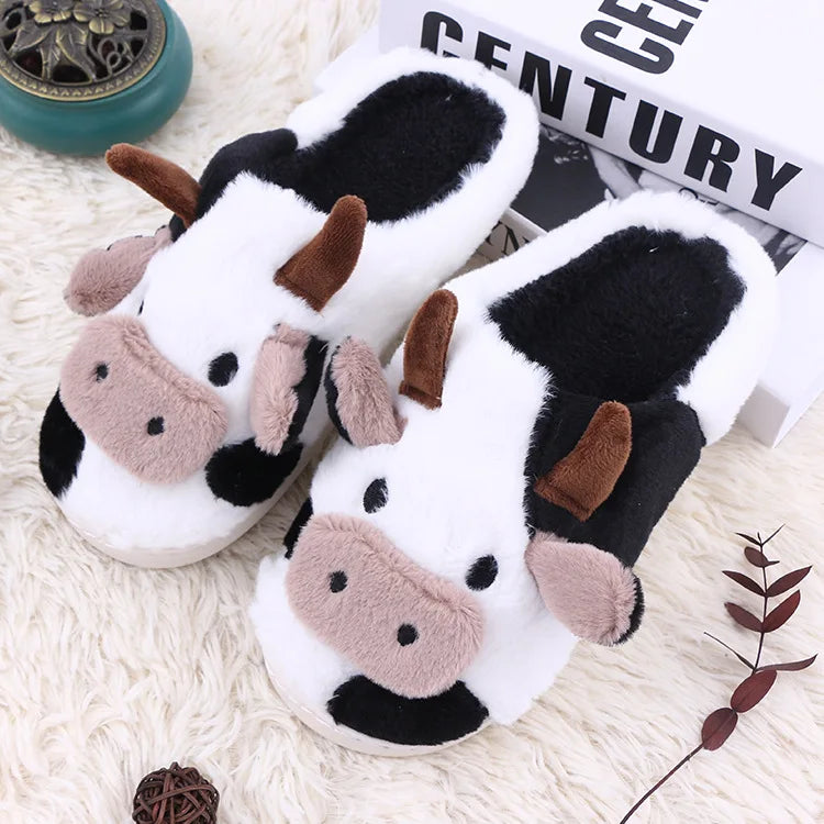 Unisex Cartoon Cow Warm Plush Indoor Slippers