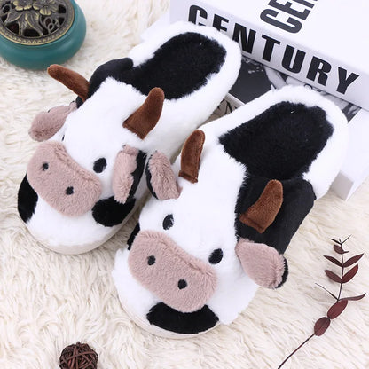 Unisex Cartoon Cow Warm Plush Indoor Slippers