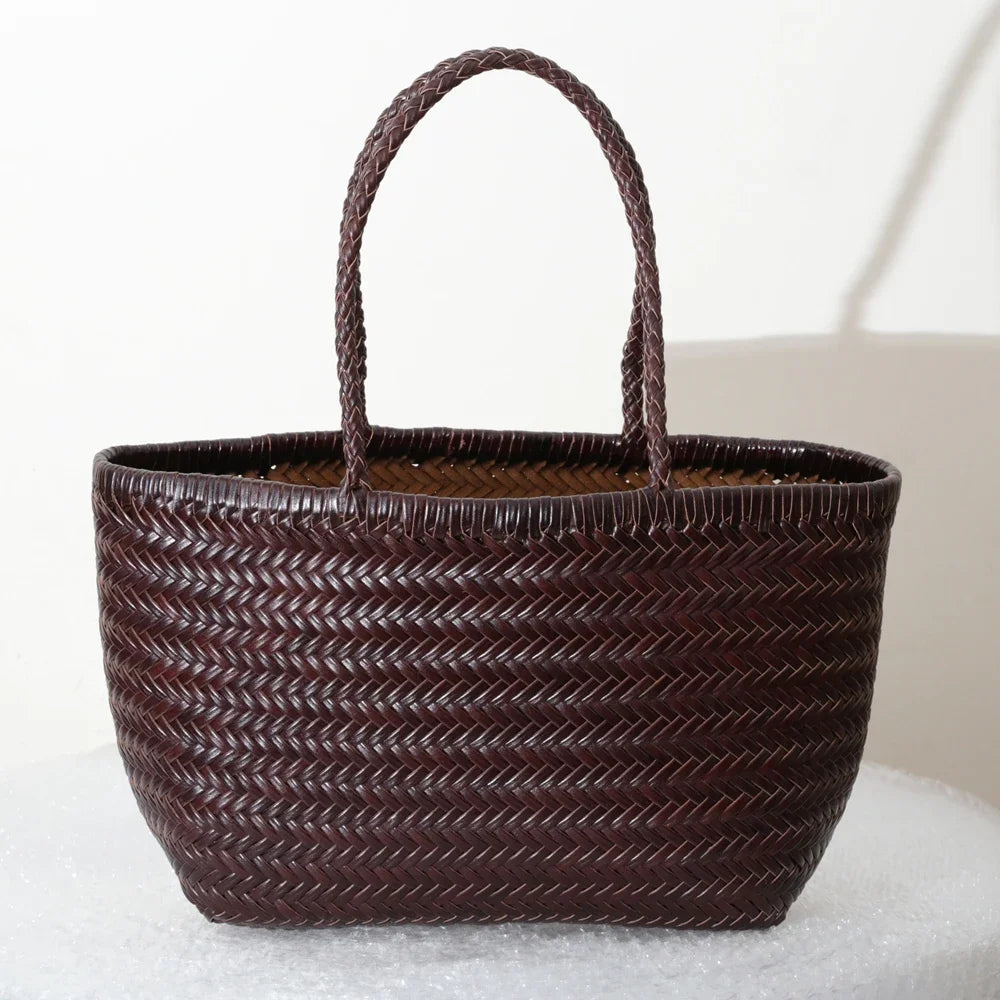 Genuine Leather Woven Shoulder Tote Bag for Women
