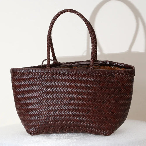 Genuine Leather Woven Shoulder Tote Bag for Women